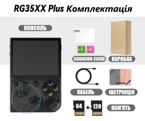 Портативна Ігрова Ретро Консоль - Anbernic RG35XX Plus - H700 quad core WIFI 64GB + 128GB Пам'ять 5000 Ігор 3300мАг Колір Прозорий Чорний